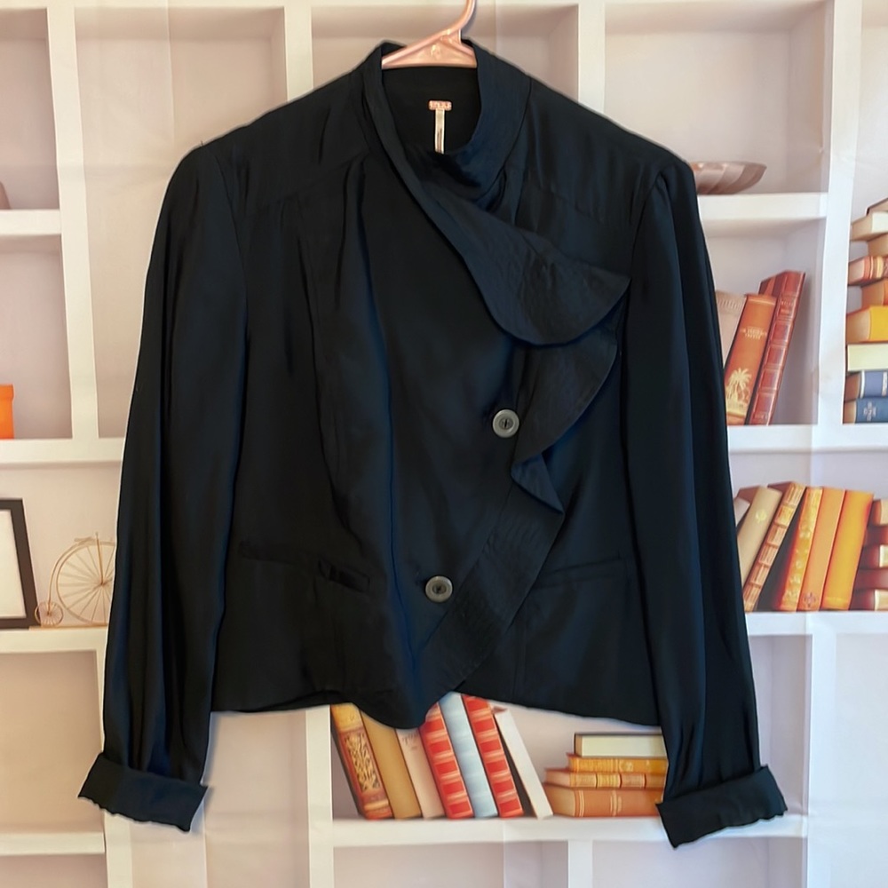 Free People Black Cropped Asymmetrical Jacket, Size 2